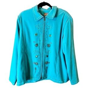 TanJay Women’s Turquoise Blue Beaded Embellished Boho Button Blazer Size 18